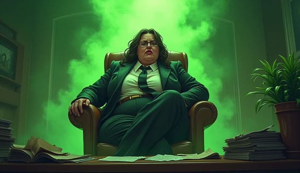 sloppy beautiful morbidly obese female mob boss woman wearing a mobster suit sitting in her office which is surrounded by olive green stink fumes, comic artstyle