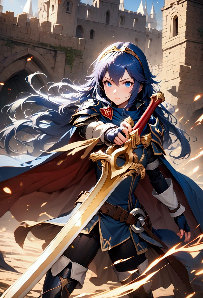 1girl, solo, super fine illustration, an extremely delicate and beautiful, best quality, masterpiece, 8K, Lucina (Fire Emblem), long blue hair, determined blue eyes, Brand of the Exalt in left eye, noble expression, heroic pose, Falchion sword, blue and gold armor, cape with Ylissean royal emblem, tiara, fingerless gloves, thigh-high boots, medieval fantasy setting, dynamic lighting, battle-ready stance, flowing hair and cape, intricate armor details, photorealistic style, official art quality, epic background with castle and dragons, cinematic composition, lens flare, particle effects, high contrast, vibrant colors, flawless AI-assisted artwork, world-class quality