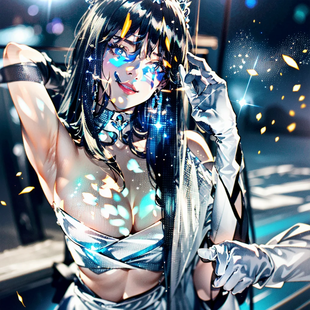 realistic, photorealistic, best quality, masterpiece, ultra high res, finely detailed, quality, realistic lighting, detailed skin, intricate details, raw photo, absurdres, highres, ultra detailed, BREAK, 1girl, solo, looking at viewer, 1, hand of Guido Daniele, (mer1, (tiara:1.3), sailor senshi uniform, blue sailor collar, bow, knee boots, choker, (white gloves:1.3), blue choker, (elbow gloves:1.3), jewelry, earrings, blue skirt, (blue hair:1.3), short hair, blue eyes, sparkle, sharp focus, minor wide view, minor scenery view, (blue fantasy glow:1.2), blue sky, night blue sky, dark blue moon, blue trees, blue vegetation, blue eclipse, lavender blue flowers, white blue theme, standing on the surface of the sea, outdoors, open ocean, afloat, on beautiful detailed water, sea level, neon lights, high lights, neon color, dark and light, stars, shooting star, light ray, floating, hand on own chest, high contrast colours, vibrant colors, smug expression, grin, cowboy shot, Dynamic Pose, Dynamic Angle, colorful, long eyelashes, complex background, full-face blush, parted lips, solo focus, blush), (beautifu and aesthetic face, detailed face, clean facial features, an extremely delicate and beautiful, beautiful detailed eyes, stars in the eyes, Pink lips, Glowing Eyes, perfect face, detailed pupils, Makeup:1.1), (nice hands, sexy, slim, large breasts, skinny, narrow waist, human anatomy:1.1), (detailed light, beautiful detailed glow, detailed background:1.1), (reflection, refraction, Rembrandt lighting, diffuse lighting, radiosity, photon mapping, subsurface scattering, dynamic lighting, Multi-exposure HDR capture, Screen Space Global Illumination, Ray Tracing, Lumen Reflections, Tone Mapping, volumetric lighting, Circular polarizer, broad lighting, dramatic lighting:1.1), BREAK, explosive light and shadow, sharp focus, film grain, rim lighting, two tone lighting, rim light, Overdetailed art, official art, beautiful and aesthetic, beautiful, elegant, vivid colours,