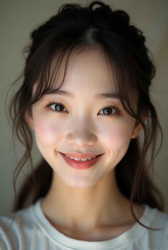 Wonyoung de IVE, close up photo, as if she had taken the photo, making an eye smile and having a ponytail