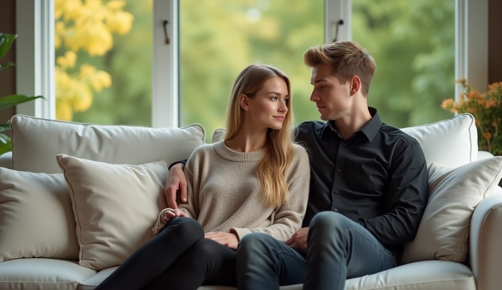 the best photo, the most realistic ,Clareza 4K, american woman , hair blonde liso com o comprimento grande ,18-years old ,light beige cotton sweater with black pants, Delicate face, long hair, ebony skin. The woman and the man are sitting on a white sofa, they are in a living room, don't look at the camera, at the back there is a large window with a view of trees . 1 American man, hair blonde, Age 22, brawny ,Bblack hair , doesn't have a beard, wearing a black dress shirt, black shoe, and dark jeans