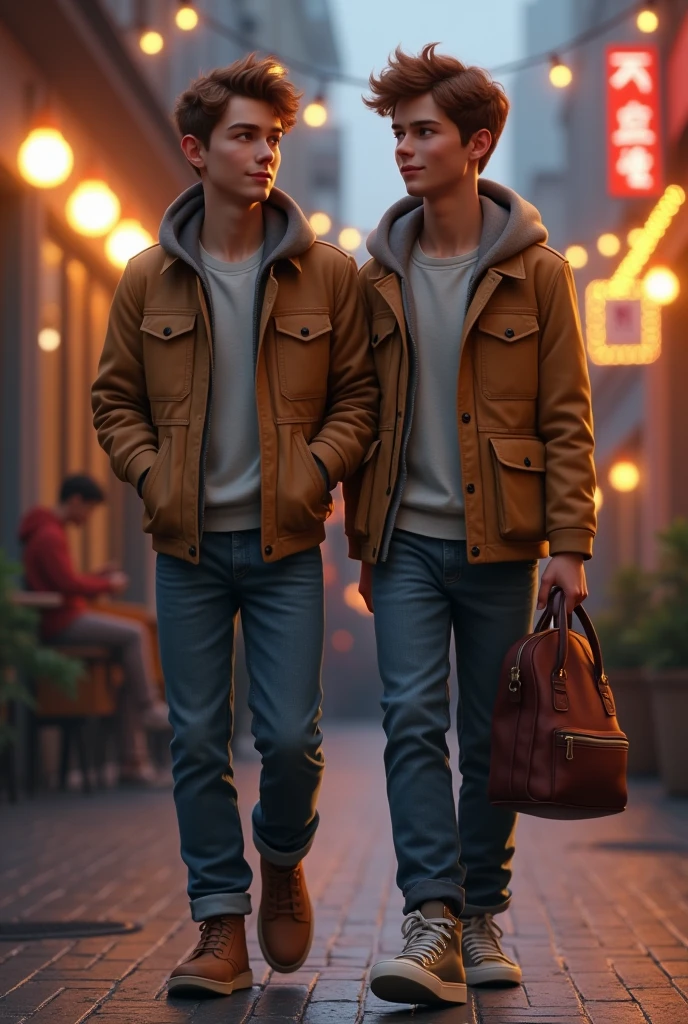 A realistic cool boy with his best buddy who is cool and has short beaune curly hair