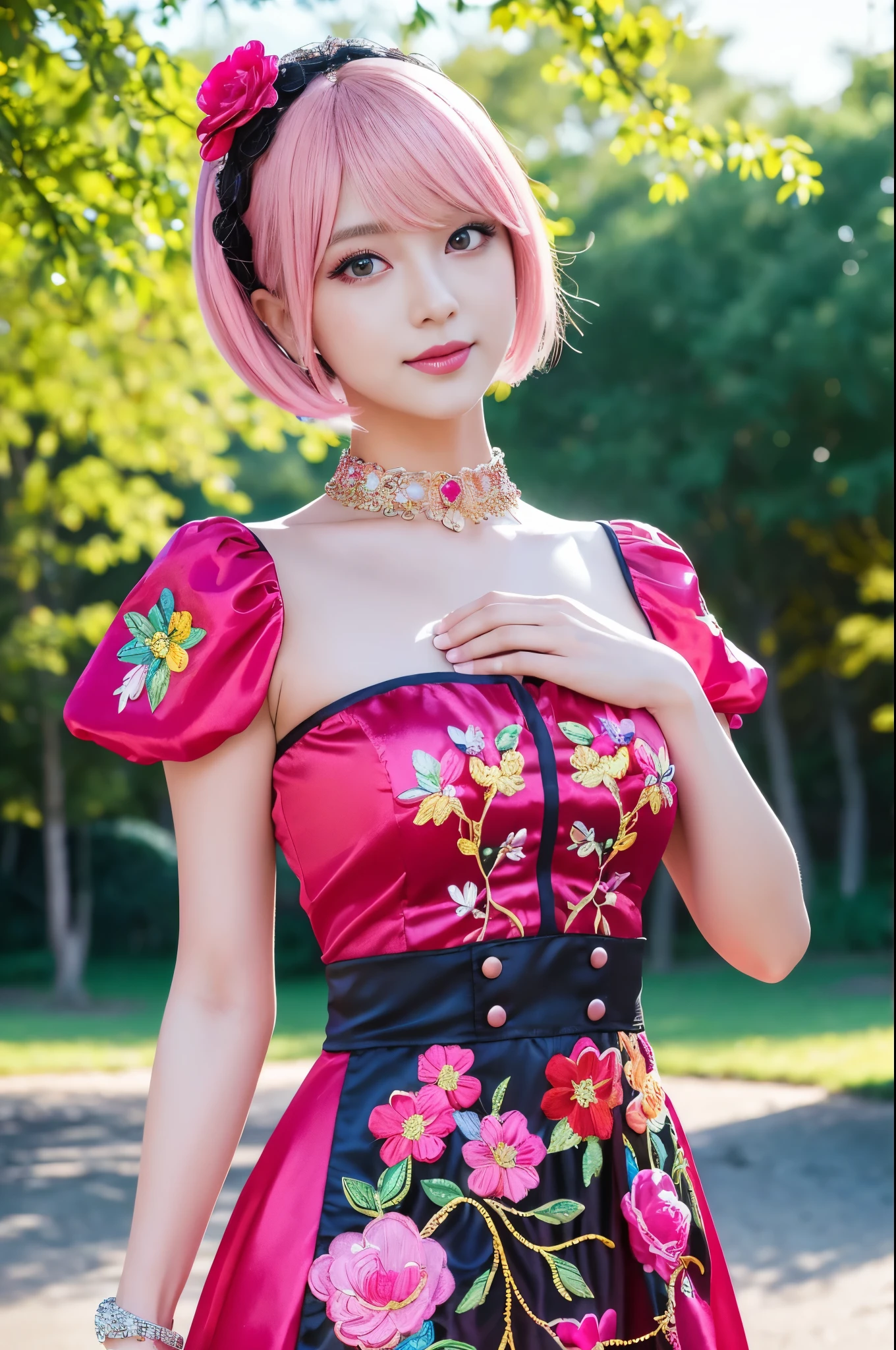 (masterpiece:1.4), (best quality:1.4), ultra high res, ultra high resolution, ((detailed facial features)), HDR, (realistic, photorealistic, photo-realistic:1.37), full body Esbian, sexy swedish model, (-anime), only 1 model, vivid colors, ((vivid colors colorful (pink, lime, light blue) very short hair)), sexy smile, lipgloss, long lashes, defined eyebrows, wearing large sparkling colorful jewelery, wearing a red silk Paradise Kiss cosplay dress with black floral embroidery, ((vivid colors outfit)), vivid colors, look at the camera, cinematic light, large park background with trees, sweet and sexy pose