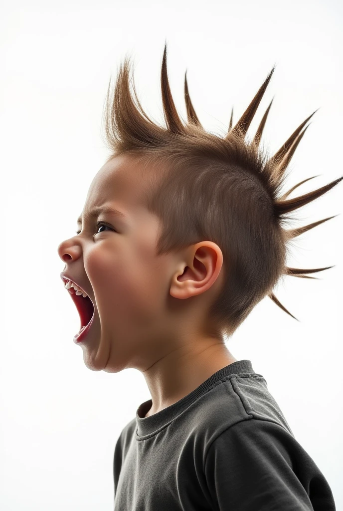 a screaming child in profile with a punk mohawk with eight very thick spikes and a white background but the photo is in color