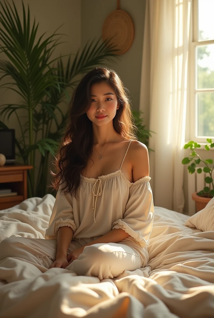 (photorealism:1.2), beautiful Asian woman, sitting on bed, wearing loose off-shoulder top, pajama pants, long curly hair, indoors, soft lighting, plants in background, window with sunlight, cozy room, relaxed pose, realistic, intricate details, warm colors, by Greg Rutkowski, by Alphonse Mucha