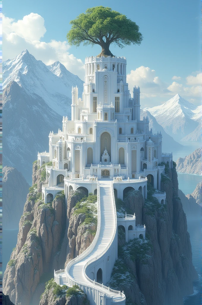 Create a fortress city on an island mountainous with a huge rock, the fortress is white as snow, a huge structure, at its top there is a type of tree but that completes the structure to continue with more structures on top.
the fortress has many windows, a magnificent staircase, at the root of the island there are two passages that can be trained 