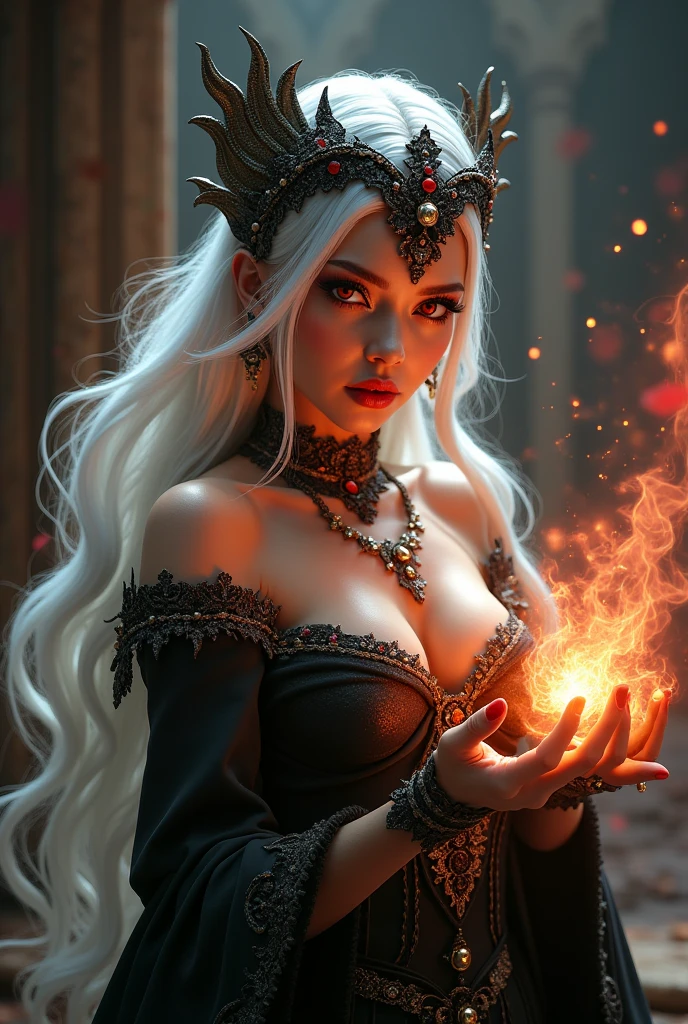 a beautiful l sorceress,seductive pose,alluring gaze,long flowing white hair, red eyes, dramatic makeup,ornate headdress, casting a spell, elegant jewelry,mystical aura,cinematic lighting,deep saturated colors,3d render,photorealistic,highly detailed,intricate textures,dramatic shadows,warm glowing tones,(best quality,4k,8k,highres,masterpiece:1.2),ultra-detailed,(realistic,photorealistic,photo-realistic:1.37)