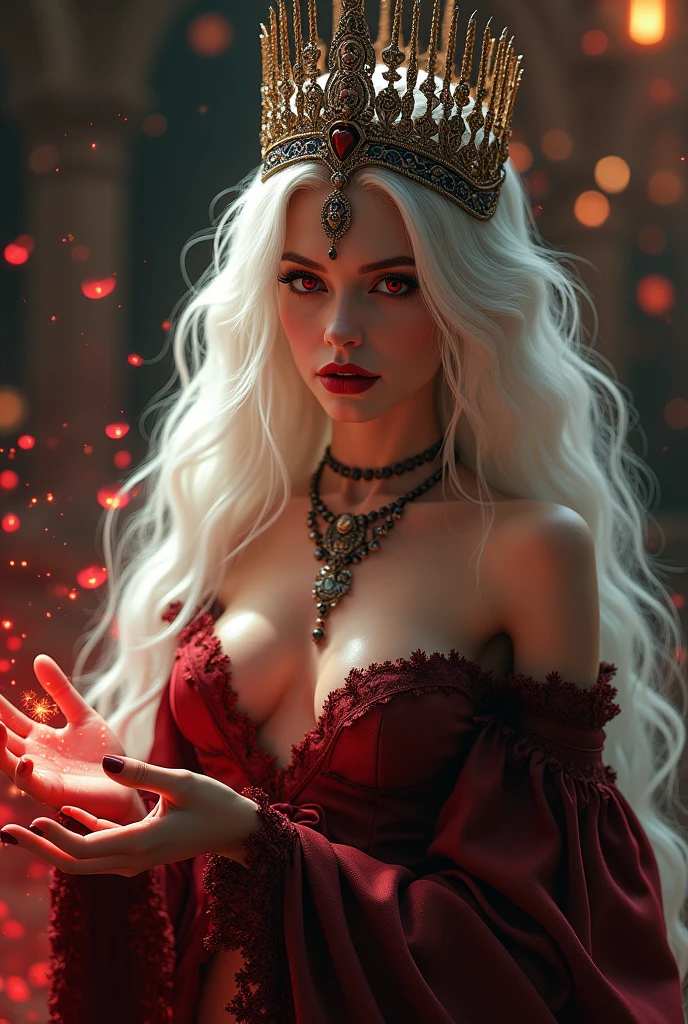 a beautiful l sorceress,seductive pose,alluring gaze,long flowing white hair, red eyes, dramatic makeup,ornate headdress, casting a spell, elegant jewelry,mystical aura,cinematic lighting,deep saturated colors,3d render,photorealistic,highly detailed,intricate textures,dramatic shadows,warm glowing tones,(best quality,4k,8k,highres,masterpiece:1.2),ultra-detailed,(realistic,photorealistic,photo-realistic:1.37)