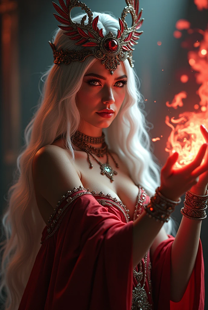 a beautiful l sorceress,seductive pose,alluring gaze,long flowing white hair, red eyes, dramatic makeup,ornate headdress, casting a spell, elegant jewelry,mystical aura,cinematic lighting,deep saturated colors,3d render,photorealistic,highly detailed,intricate textures,dramatic shadows,warm glowing tones,(best quality,4k,8k,highres,masterpiece:1.2),ultra-detailed,(realistic,photorealistic,photo-realistic:1.37)