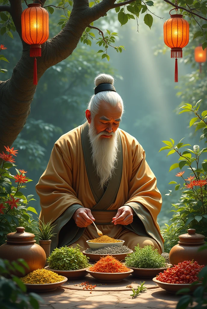 Ancient Chinese person making medicine from plants

