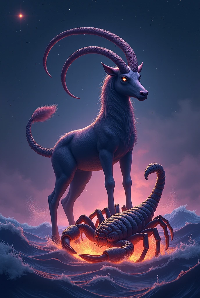 Capricorn with tail against the night sky, sea waves purple color. Scorpio in fiery waves