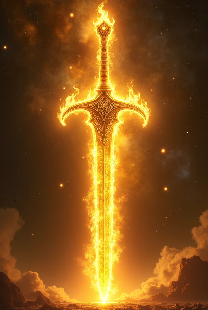 Golden sword fire with celestial light