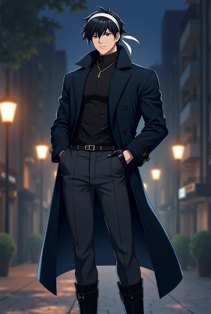 make this art in anime style. naughty man, white-skinned, with 1,75 m high, brawny. He has short, slightly messy black hair., dark brown eyes and a serious expression, but confident. He is wearing black gloves that give a mysterious touch, matching your style. Wears dark gray military pants, a white band tied around the head, slightly fitted to the body, that falls softly over well-polished black leather boots. The highlight of the look is a long, dark overcoat., with a perfect fit, reaching almost to the knees. The fabric of the coat has a modern touch, with a light wool texture, contrasting with the discreet metal buckles on the boots. He's in an upright pose, with one hand in the coat pocket and the other holding the gloves in a relaxed movement. The background could be an urban street at night., illuminated by streetlights, creating an air of mystery and urban style.