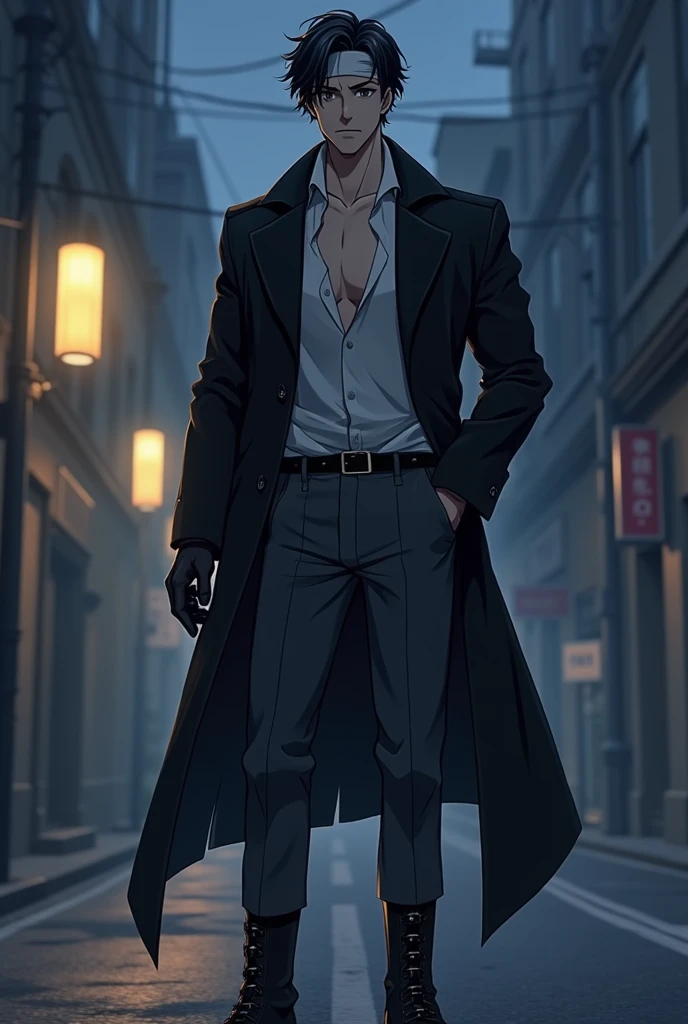 make this art in anime style. naughty man, white-skinned, with 1,75 m high, brawny. He has short, slightly messy black hair., dark brown eyes and a serious expression, but confident. He is wearing black gloves that give a mysterious touch, matching your style. Wears dark gray military pants, a white band tied around the head, slightly fitted to the body, that falls softly over well-polished black leather boots. The highlight of the look is a long, dark overcoat., with a perfect fit, reaching almost to the knees. The fabric of the coat has a modern touch, with a light wool texture, contrasting with the discreet metal buckles on the boots. He's in an upright pose, with one hand in the coat pocket and the other holding the gloves in a relaxed movement. The background could be an urban street at night., illuminated by streetlights, creating an air of mystery and urban style.