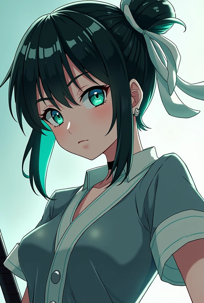 A girl in the style of the Kimetsu no Yaiba anime who has Daki makeup and short, tied-up black hair with mint-colored tips, also eyes of the same color and who has a demon hunter uniform. The uniform is the one worn by the Demon Slayer characters and has short sleeves and a low neckline., and that he has a katana, the uniform is gray and that the edges of the collar and sleeves are white and that he has moon-shaped earrings  