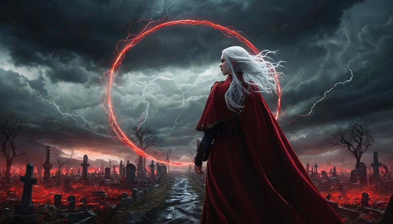 **Prompt em inglês:** *Frieren stands in the middle of an ancient cemetery under a glowing red pentagram circle etched into the ground. Red, pulsating energy flows intensely from the circle, emanating powerful mana that swirls around her. The energy invades two nearby graves, as tendrils of red light snake into the earth. Frieren’s pointed elven ears are visible as she focuses on the magic, her white hair and cloak fluttering in the growing storm. The sky above darkens, with heavy clouds swirling ominously, lightning striking in the distance. The entire scene is infused with red and dark tones, creating a dramatic and ominous atmosphere. Every detail is rendered in hyper-realistic quality, from the eerie red light enveloping the cemetery to the realistic skin textures, shadows, and dynamic storm clouds above.*