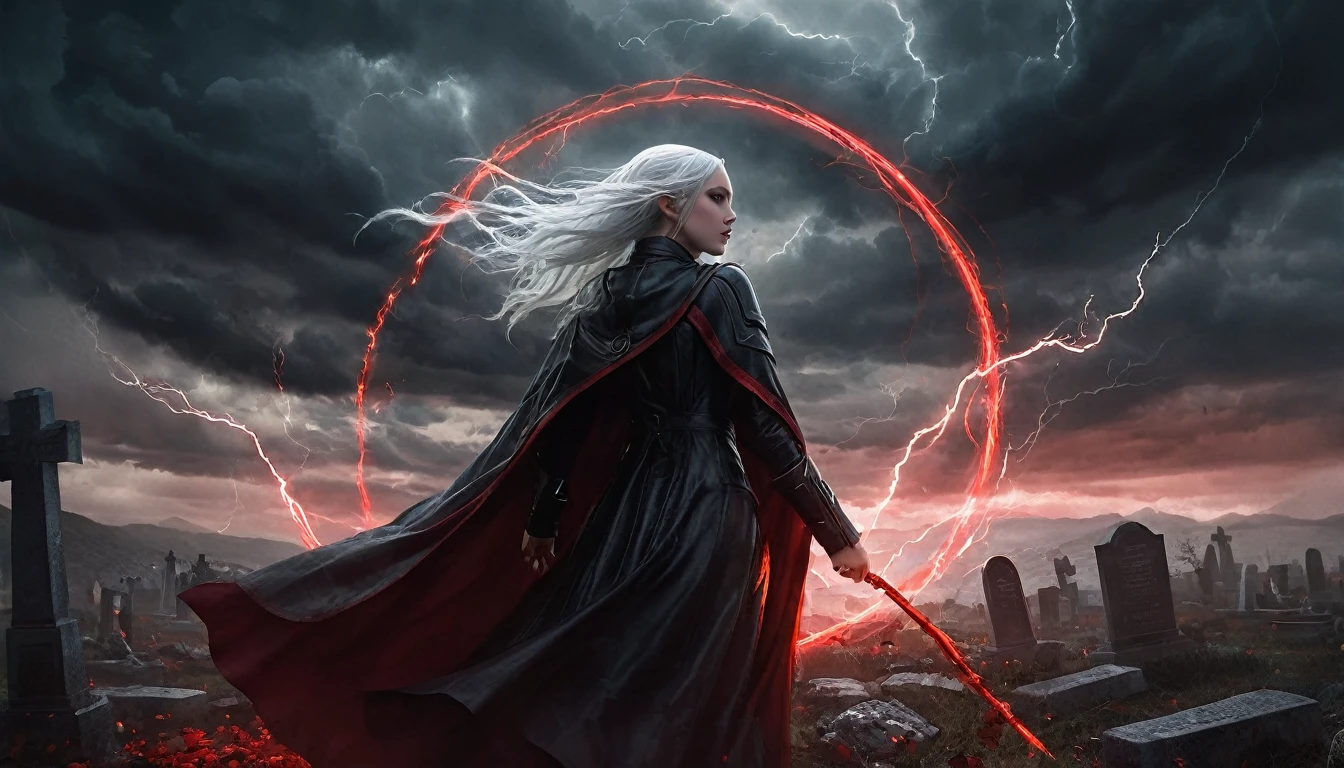 **Prompt em inglês:** *Frieren stands in the middle of an ancient cemetery under a glowing red pentagram circle etched into the ground. Red, pulsating energy flows intensely from the circle, emanating powerful mana that swirls around her. The energy invades two nearby graves, as tendrils of red light snake into the earth. Frieren’s pointed elven ears are visible as she focuses on the magic, her white hair and cloak fluttering in the growing storm. The sky above darkens, with heavy clouds swirling ominously, lightning striking in the distance. The entire scene is infused with red and dark tones, creating a dramatic and ominous atmosphere. Every detail is rendered in hyper-realistic quality, from the eerie red light enveloping the cemetery to the realistic skin textures, shadows, and dynamic storm clouds above.*