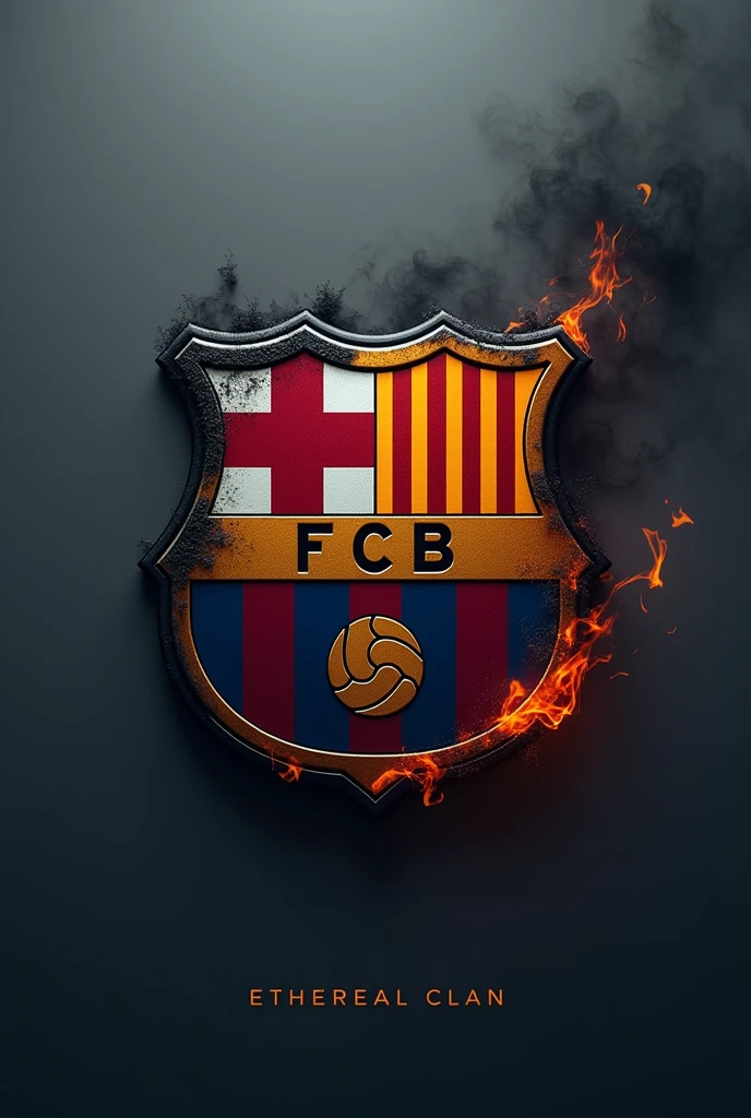 Image of the Barcelona FC shield with a gray background and black flames, on the right side of the shield is written the text "ethereal clan"