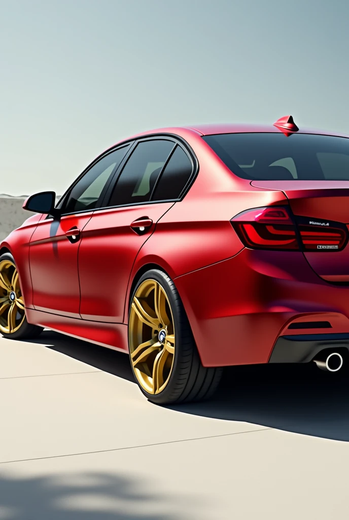 Realistic HD photo of BMW 320i 2014 model matte red with gold rims and yellow calipers