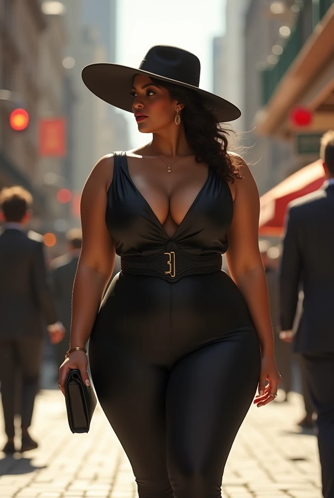 Une très belle femme pulpeuse avec une belle silhouette dans la rue avec de la prestance un chapeau sur la tête
