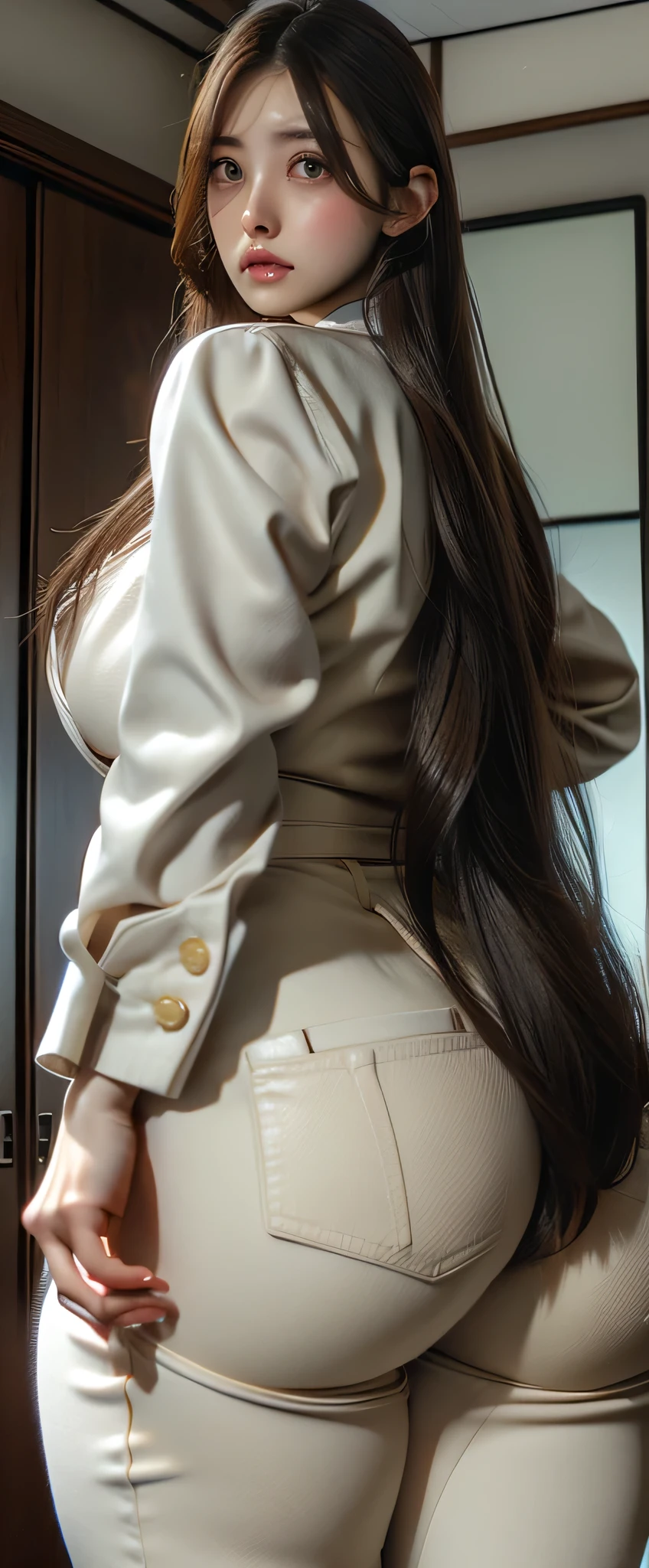 Super Beautiful office Lady,1. Female, Japanese,alone, Light brown flowing layered long hair, Brown eyes, Very tight white pantsuit, Captivating big ass, Big butt sticking out,Shooting from behind , Glamour, Perfect Proportions, office, Portraiture, High resolution, Highest quality, super high quality, Super Detail, Surreal, Realistic, Formal pants, One person in the frame, Very lewd big ass