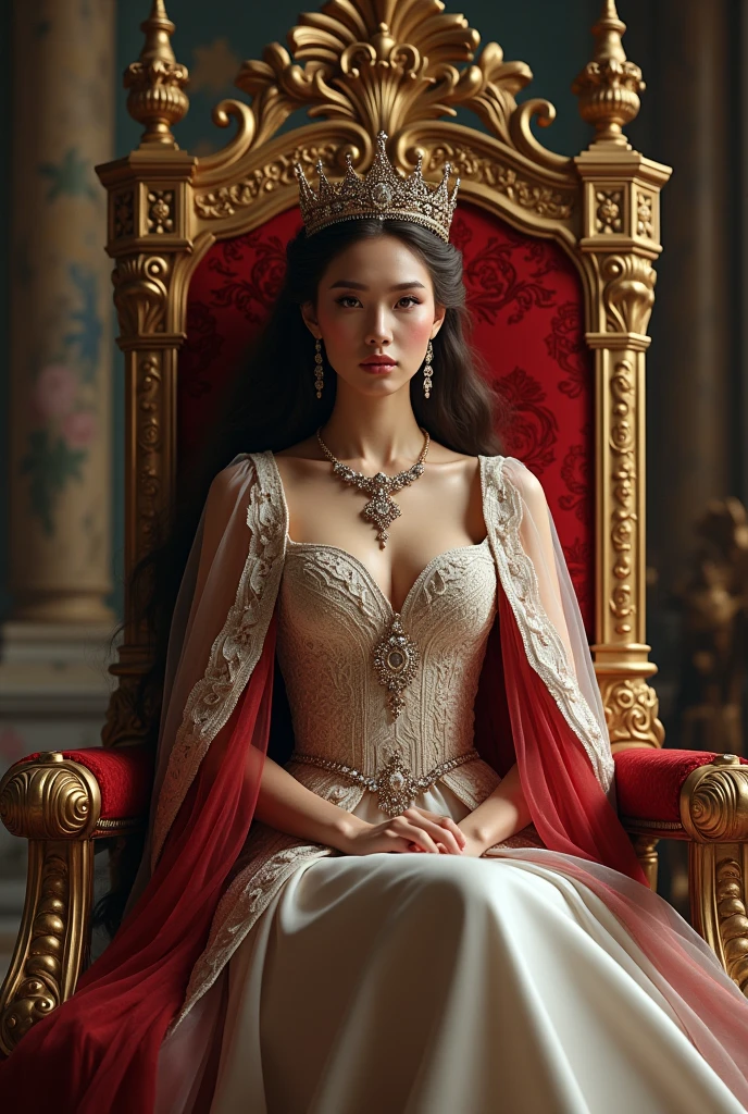 Majestic queen woman sitting on a throne with hair