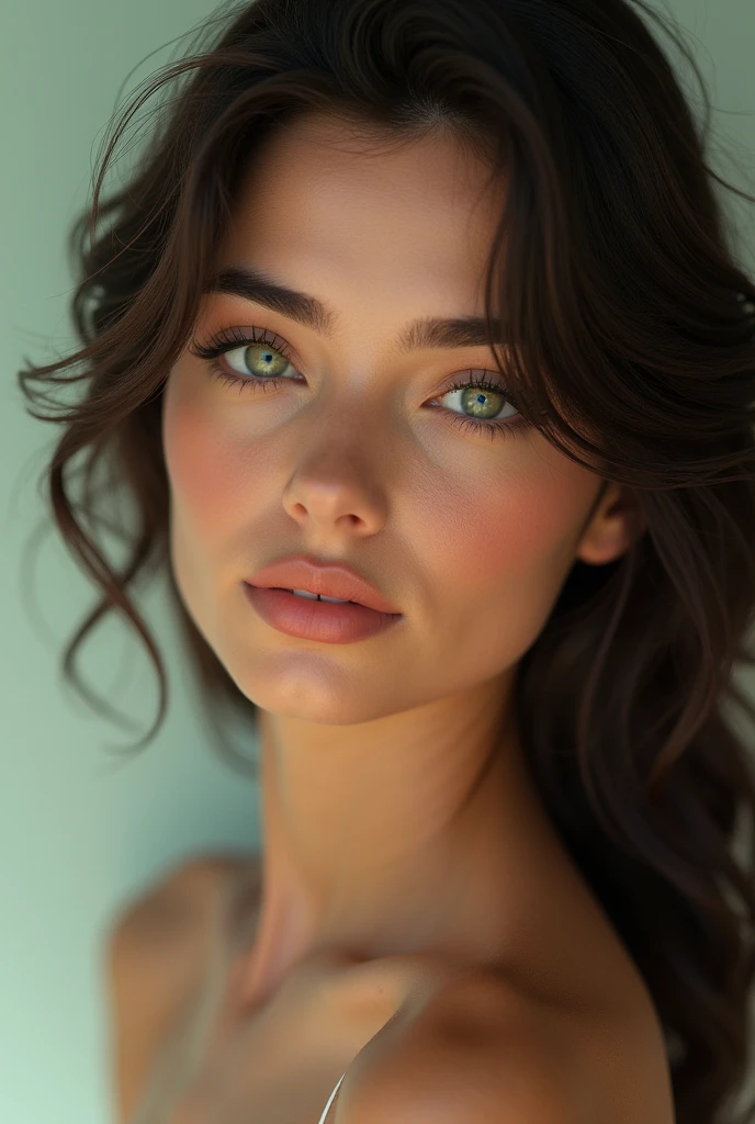Beautiful latina woman with green eyes, olive skin, and dark brown hair. Soft features, feminine.
