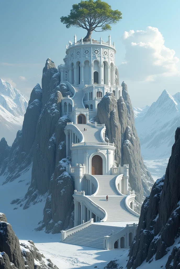 Create a fortress city on an island mountainous with a huge rock, the fortress is white as snow, a huge structure, at its top there is a type of tree but that completes the structure to continue with more structures on top.
the fortress has many windows, a magnificent staircase, at the root of the island there are two passages that can be trained
this fortress then inside the mountain