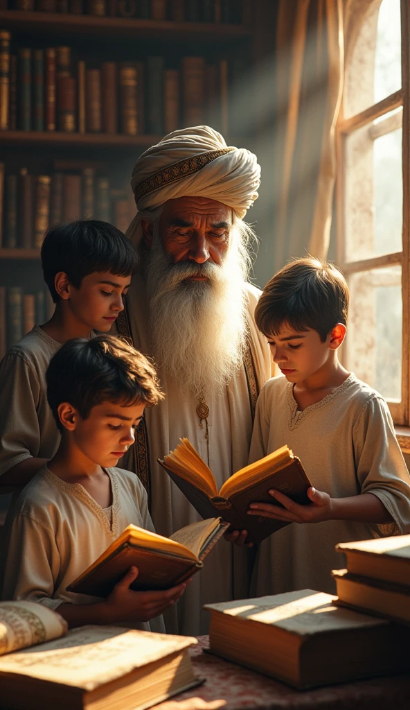 An old sufi white beard man turban on head with his three young boys with many books