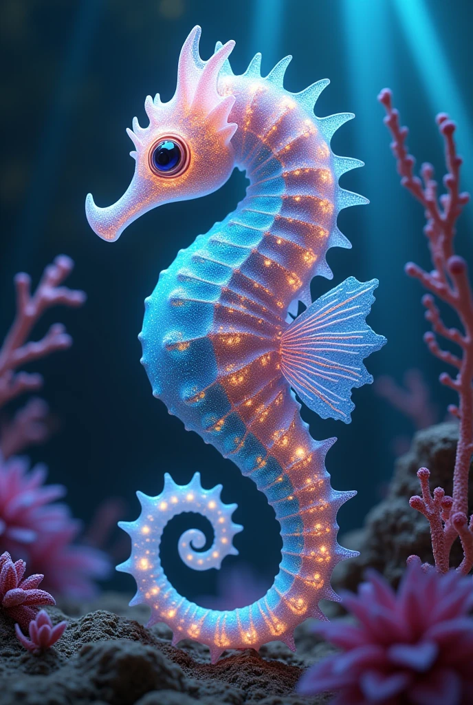 [Subject: A seahorse with a unique, magical appearance, its body reimagined with bioluminescent patterns and slightly cybernetic design, glowing with an internal, supernatural light. The seahorse's colors are extra-natural, shifting in psychedelic waves that blend into the surrounding water. Image Type: Ultra-realistic photography with a magical, otherworldly touch and a hint of the surreal. Art Styles: Cyberpunk, Fantasy Realism, Psychedelic Art. Environment: Mystical underwater landscape with glowing, fantastical plants and ethereal light beams. Camera: Mid-range shot focusing on the seahorse’s full body, highlighting the bioluminescent and supernatural patterns as they shimmer and shift. Lighting: Soft, ambient underwater light with glowing highlights that enhance the surreal and psychedelic atmosphere. Render: 8K resolution, hyper-detailed textures with a supernatural glow, ultra-sharp details in the seahorse and underwater environment. Inspirations: H.R. Giger, Jean Giraud (Moebius), Alex Grey.]
