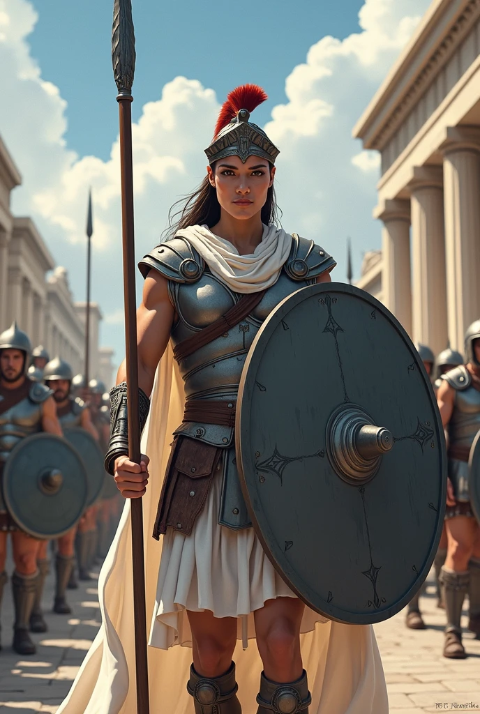 Warrior of Ancient Greece, with gray armor, ((white garments and cape)), holding a spear and a shield, leading a battalion to protect the city, ((round gray shield with claw symbol)), ((anime styling)), best qualityer, maximum detail, Face with determined expression.
