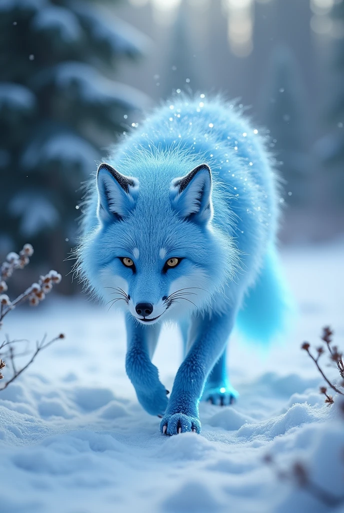 Crystal fox, blue, stalked, snowy forest.