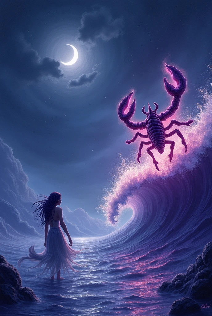 Capricorn with a fish tail against the night sky, sea waves purple color. Scorpio in fiery waves