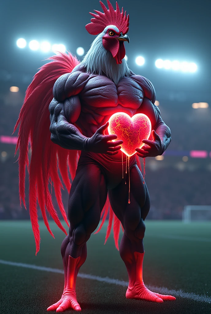 an avenging and strong rooster in a human body in completely with a pulsing vein, he will be on a soccer field that in the background will be lit with neon. In his hands the rooster will be holding a real heart with blood flowing out.