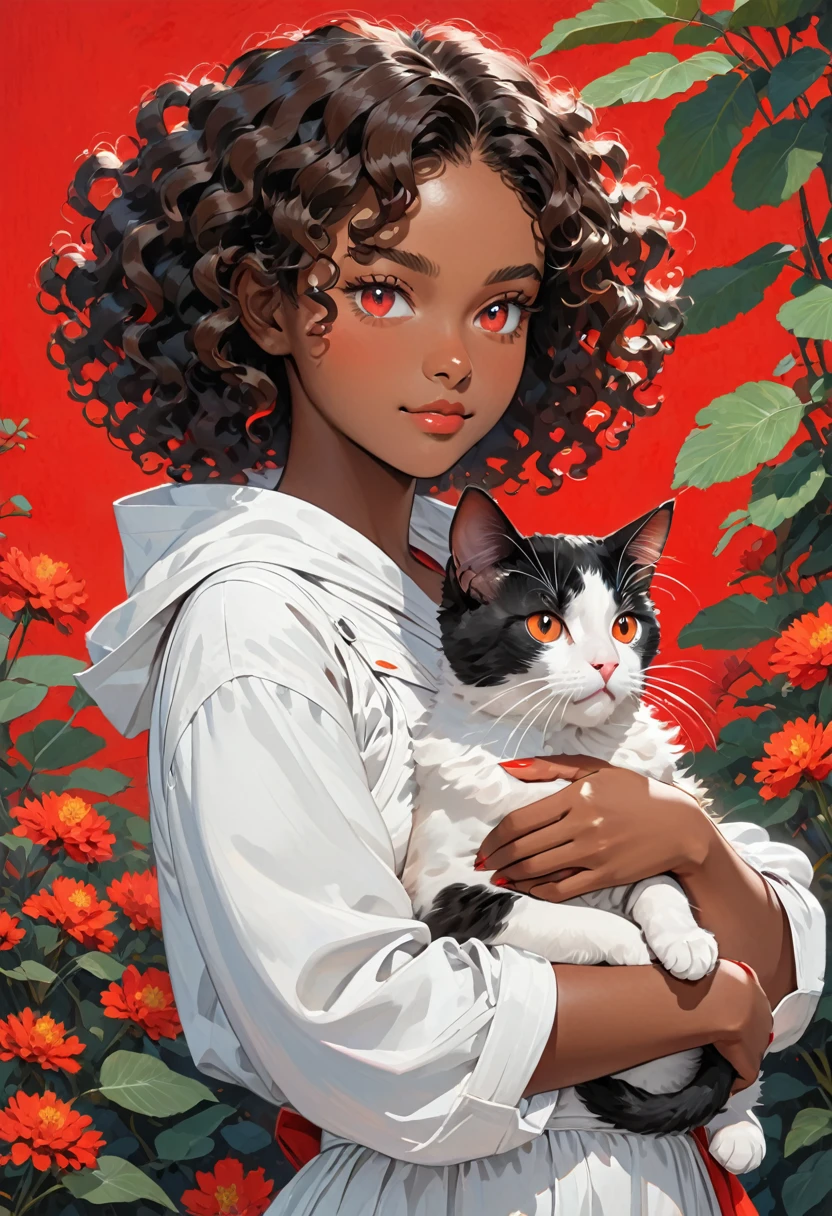 A young black-skinned woman with curly hair with red eyes in a white outfit holding a cat in her arms
