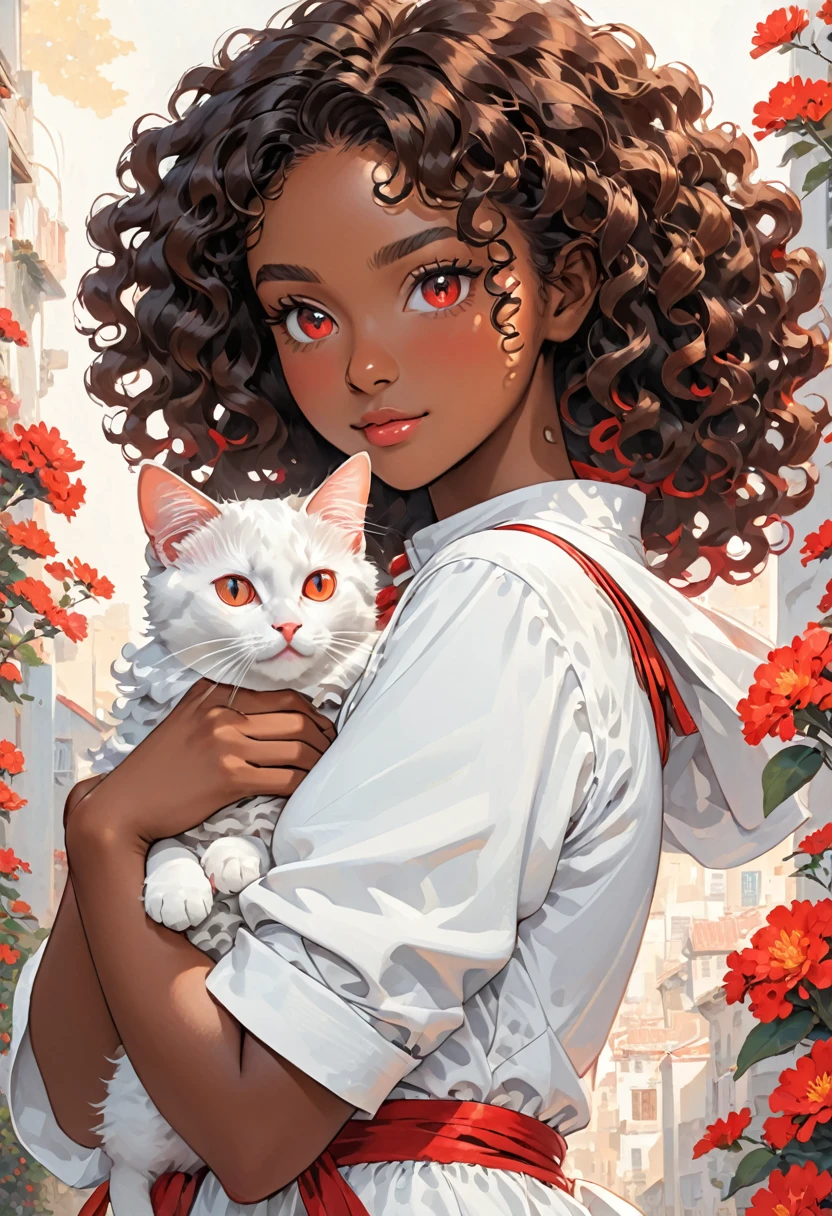 A young black-skinned woman with curly hair with red eyes in a white outfit holding a cat in her arms