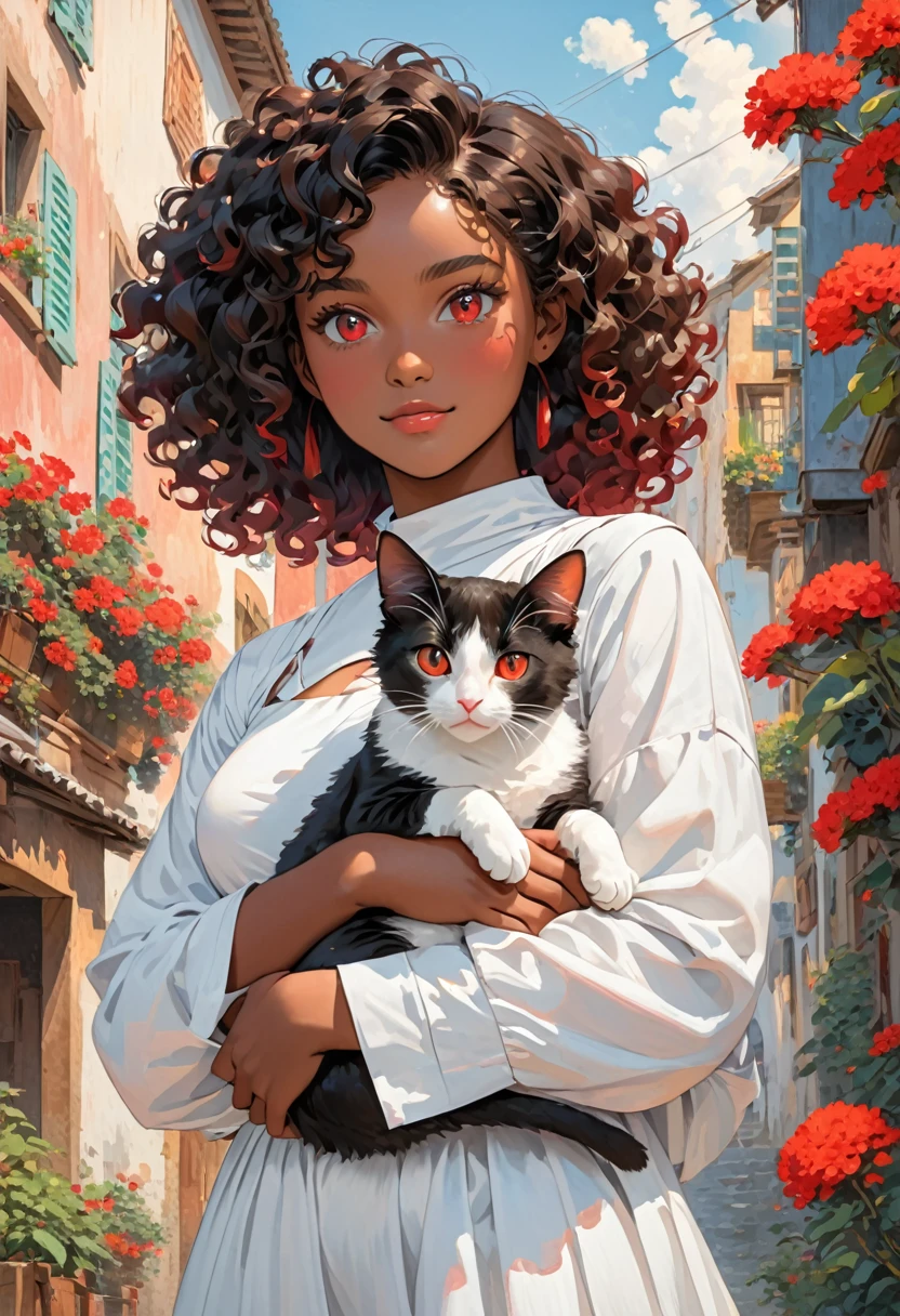 A young black-skinned woman with curly hair with red eyes in a white outfit holding a cat in her arms