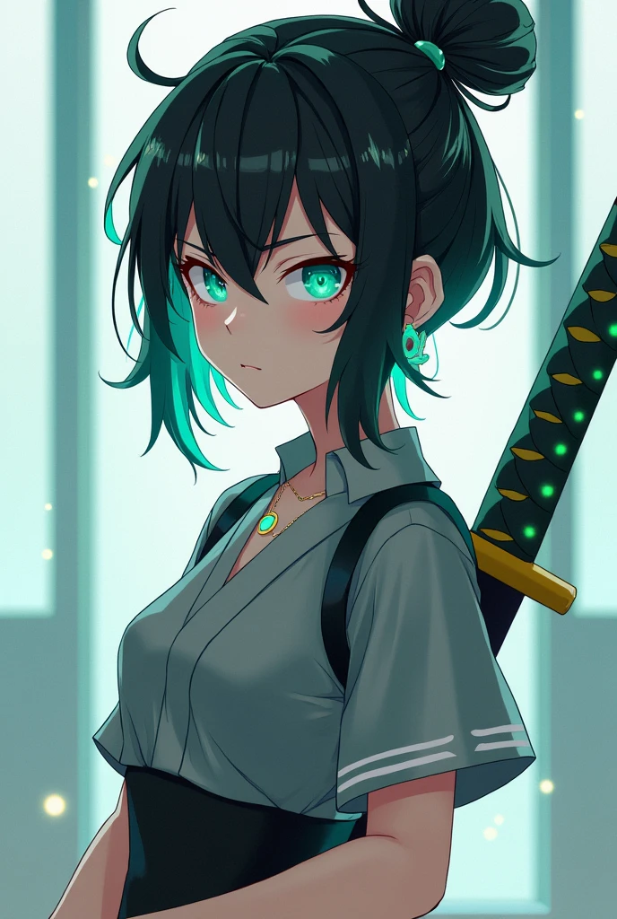 A girl in the style of the Kimetsu no Yaiba anime who has Daki makeup and short, tied-up black hair with mint-colored tips, also eyes of the same color and who has a demon hunter uniform. The uniform is the one worn by the Demon Slayer characters and has short sleeves and a low neckline., and that he has a katana, the uniform is gray and that the edges of the collar and sleeves are white and that he has moon-shaped earrings