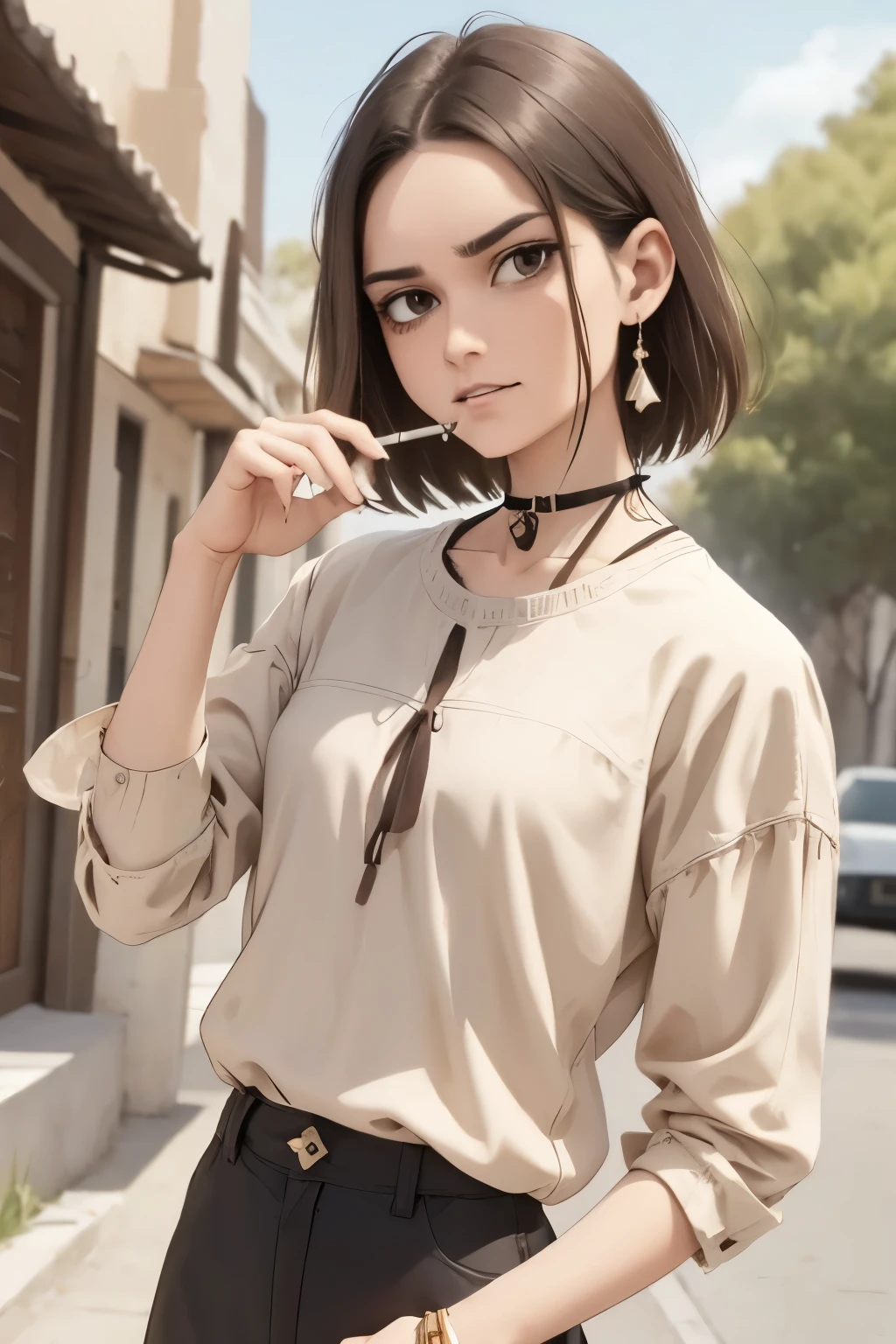 Westerner wearing ash-ish earth color shirt with right index and middle fingers smoking cigarette, cool brown eyes, sullen expression