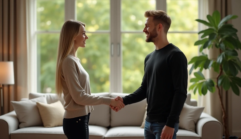 the best photo, the most realistic ,Clareza 4K, american woman , hair blonde liso com o comprimento grande ,18-years old ,light beige cotton sweater with black pants, Delicate face, long hair, ebony skin. The woman and the man are greeting each other ,shaking hands , they are in a living room, don&#39;t look at the camera, at the back there is a large window with a view of trees . 1 American man, hair blonde, Age 22, brawny ,Bblack hair , doesn&#39;t have a beard, wearing a black dress shirt, black shoe, and dark jeans