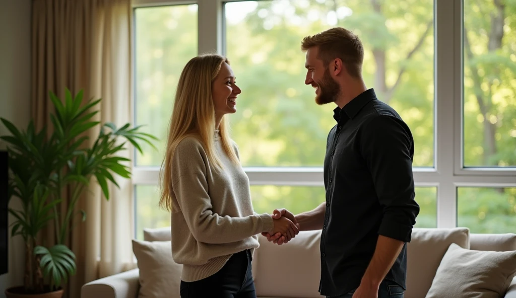 the best photo, the most realistic ,Clareza 4K, american woman , hair blonde liso com o comprimento grande ,18-years old ,light beige cotton sweater with black pants, Delicate face, long hair, ebony skin. The woman and the man are greeting each other ,shaking hands , they are in a living room, don't look at the camera, at the back there is a large window with a view of trees . 1 American man, hair blonde, Age 22, brawny ,Bblack hair , doesn't have a beard, wearing a black dress shirt, black shoe, and dark jeans