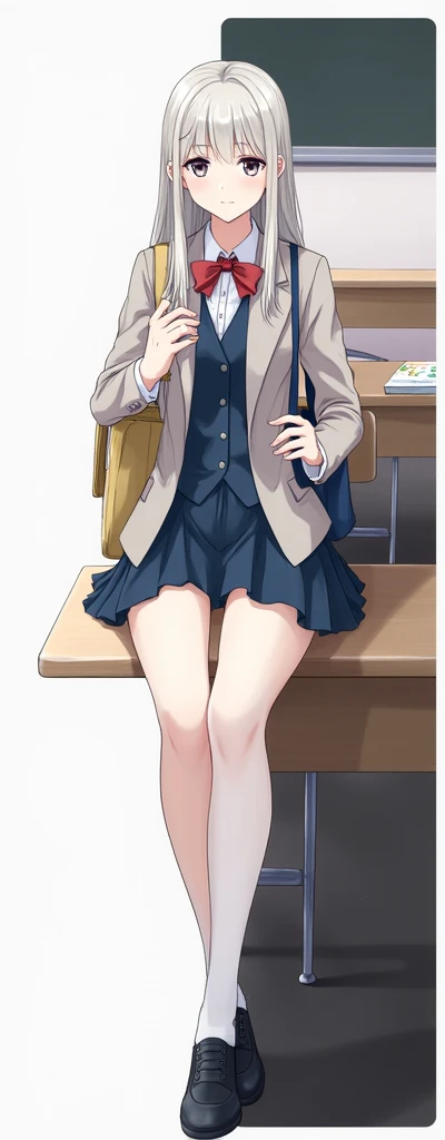 She is in school sitting in chair with legs crossed