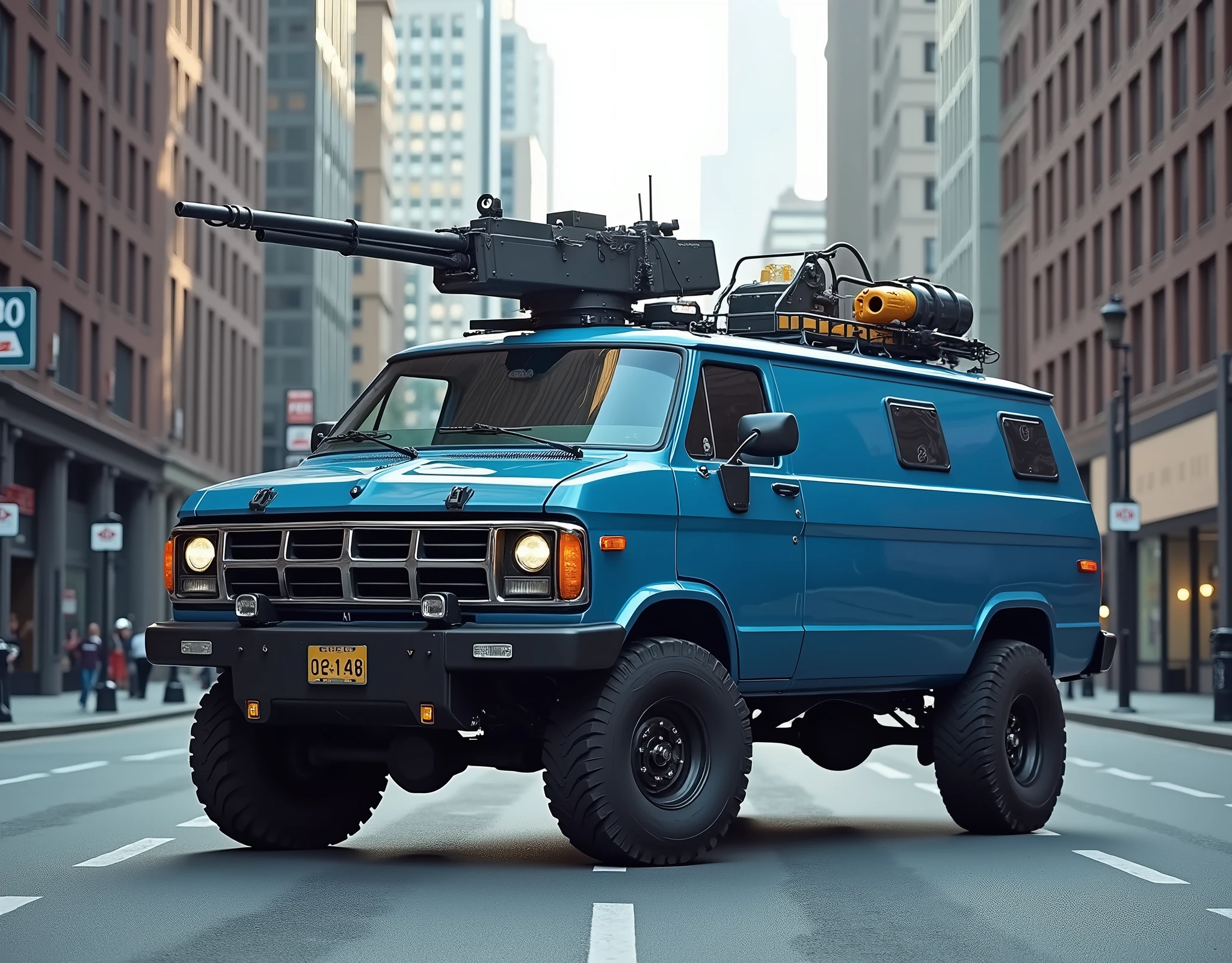 Make an image for a variation inspired by the A-Team van of a (blue 1990 Dodge Caravan) in an empty city street in America in the daytime, armed with a (Browning .50 caliber machine gun) manned turret