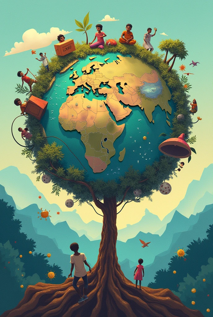 Make an image that represents what is said in this text: Global challenges are interconnected and mutually reinforcing. For example, Poverty can exacerbate the effects of climate change, At the same time, climate change can deepen poverty.
Need for holistic solutions: To address the complexity of global challenges, Holistic solutions are required that address multiple dimensions of development. Integrating the SDGs allows for a more comprehensive and sustainable approach.
Strengthening international cooperation: SDG integration requires greater cooperation between countries, international organizations and other key actors. This encourages the exchange of knowledge and experiences., and facilitates the mobilization of resources to achieve the objectives.