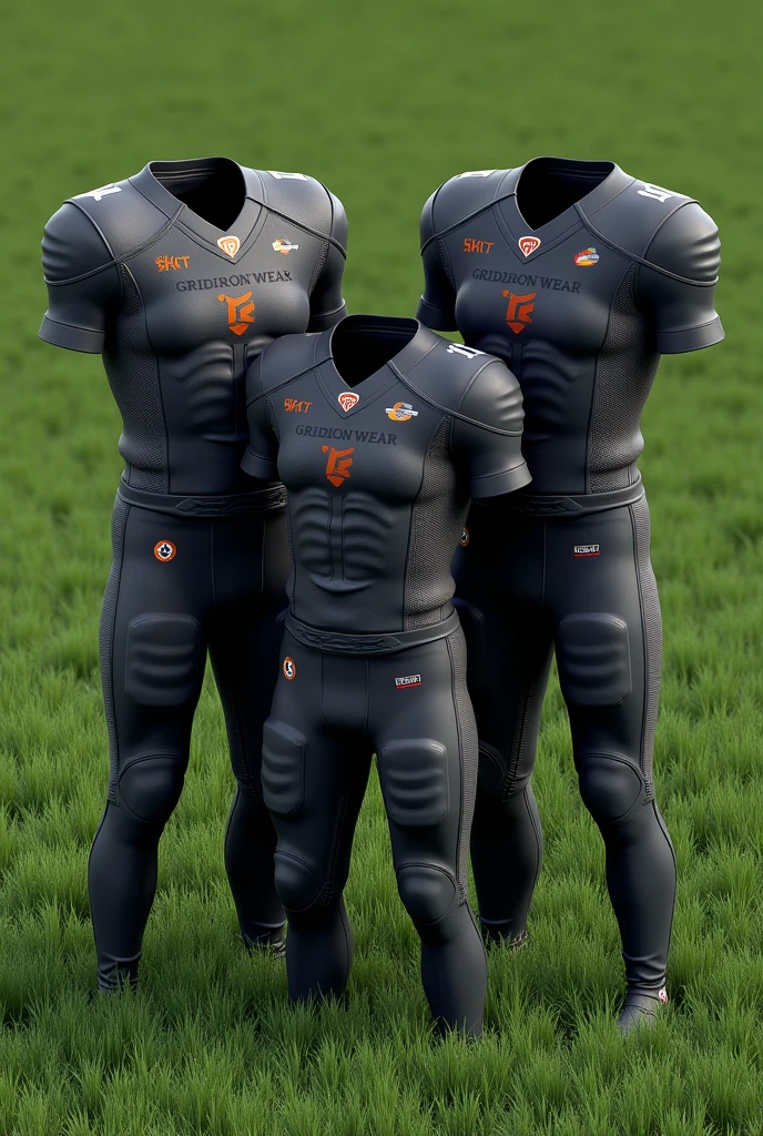 3 American Football Uniform mockups with logo named as Gridiron Wear Skt as i have to post on instagram buissness account in 3d view without dummy wearing grassy background