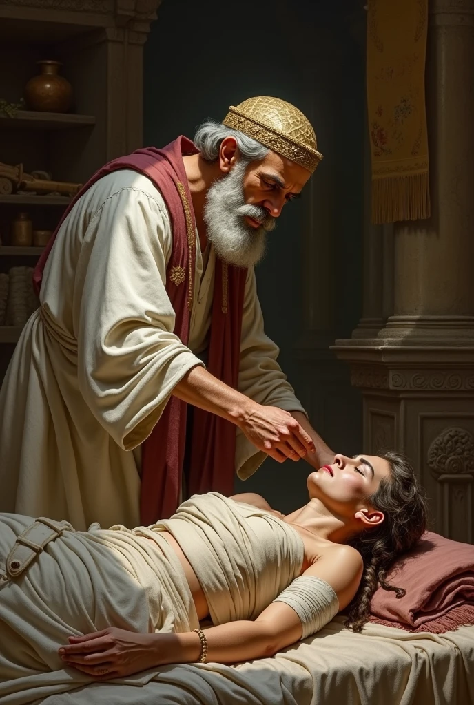 a priest doctor of ancient Greece attending to a patient