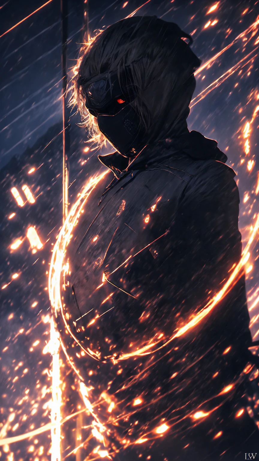A shadowy character wearing a dark hooded jacket and a face covered by a glowing mask with a terrifying pattern of red eyes and a sinister smile in the form of glowing white stitching.. He is sitting in a relaxed manner in front of a metal fence, with a carefree but intimidating posture. The background is dark with a blue night sky, and the lighting dramatically highlights the shine of his eyes and mouth, while little red sparks float in the air, adding a tense and urban atmosphere. The style is dark and aggressive, with a cyberpunk and vigilante aesthetic, conveying a sense of latent danger.