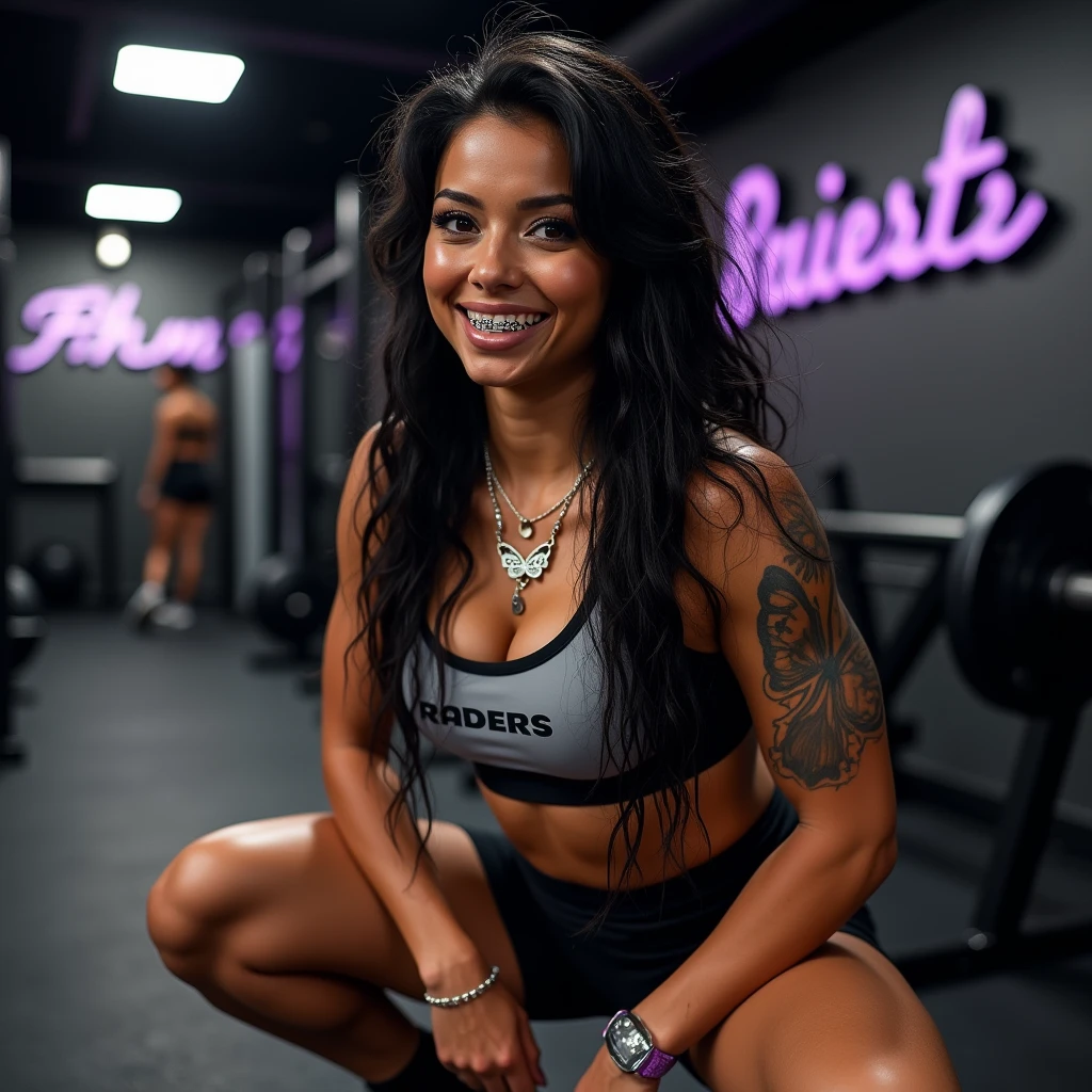a dark sun Puerto Rican female, dimples, braces, extremely long medium messy black straight hair with perfect slicked edges, butterfly arm tattoo,, with a chain that says “Dynasty” , wearing a grey and black and purple workout outfit that says Raiders, inside of a luxurious & high tech gym with modern equipment, the walls are black with the raiders branding and she is doing squats