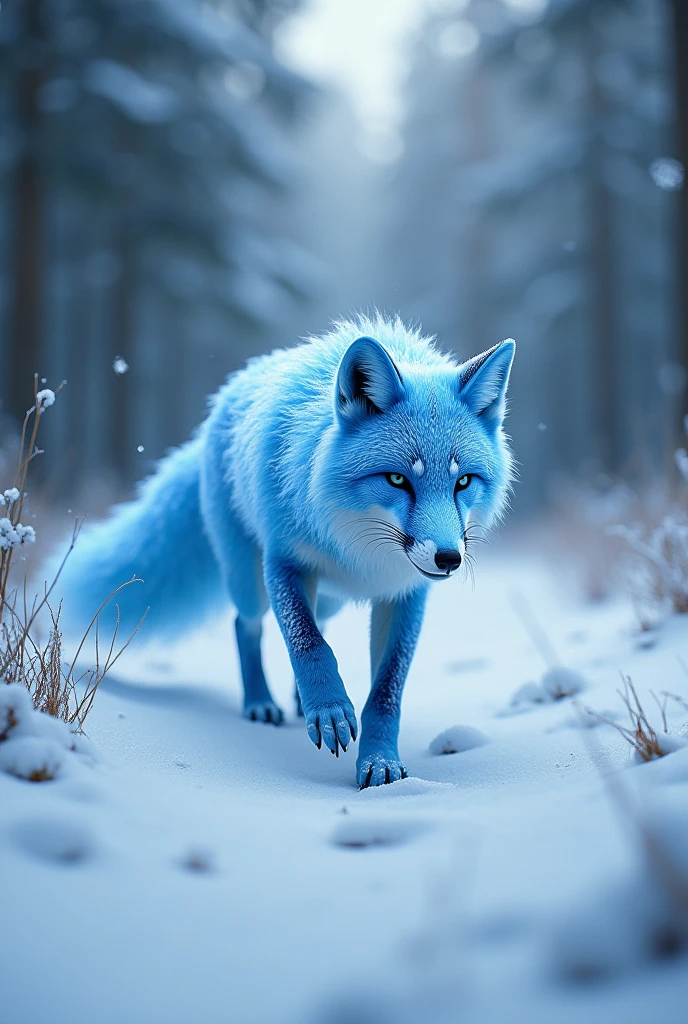 Crystal fox, blue, stalked, snowy forest.