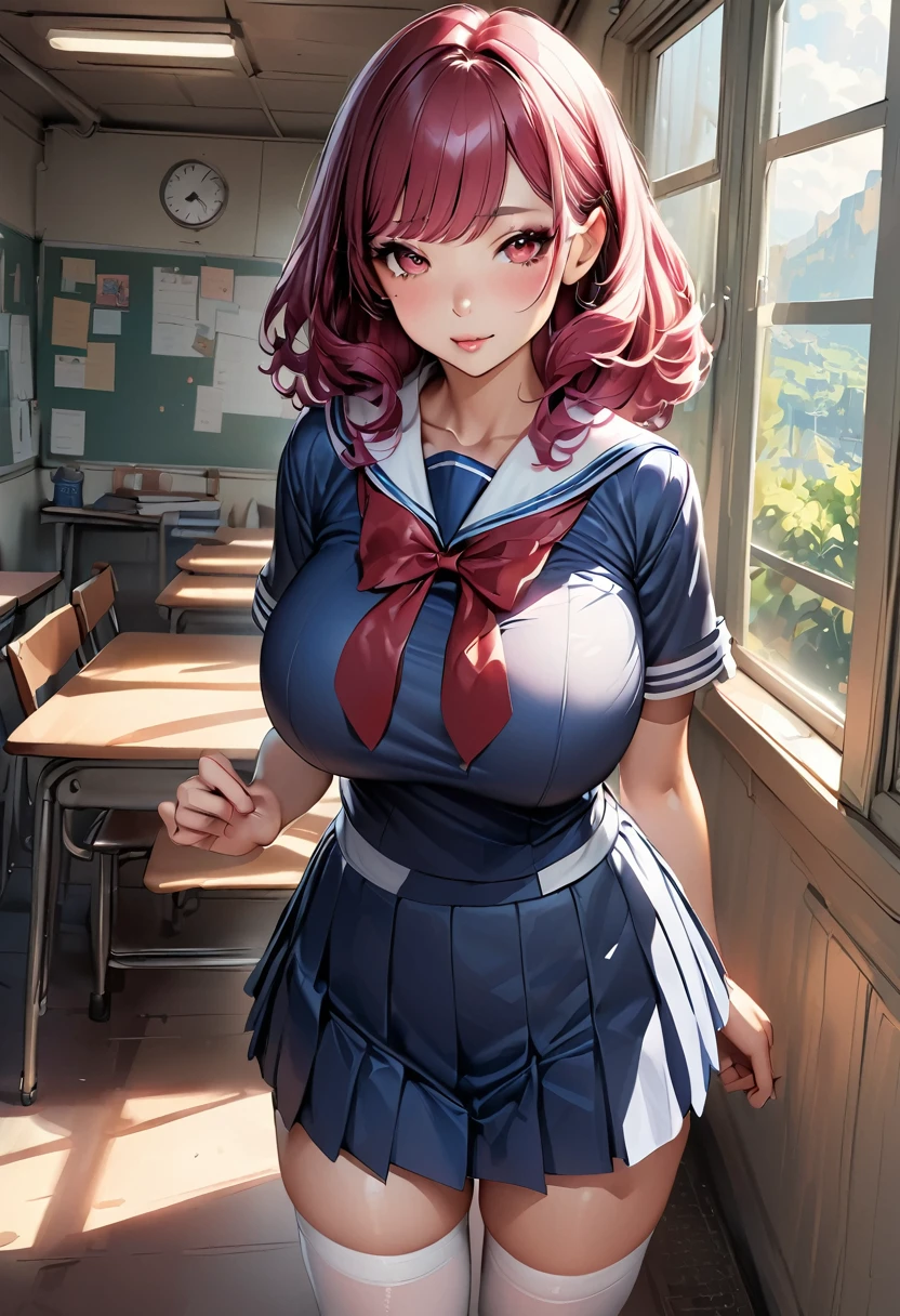 Highest quality、High resolution、Detailed Background、Realistic、RAW Photos、Beautiful face in every detail、Highly detailed face、Detailed red eyes、Anatomically correct、Teenage beauty、Perfect body line、Huge breasts、Bobcut、Long Hair、Wavy Hairstyle、Cute Eye Makeup、Cute Lip Makeup、Calm atmosphere、Glossy sailor suit、White sailor collar、Pleated skirt、Red ribbon、White Stockings、Standing by the window of a classroom、look at me、Cute gestures、very beautiful